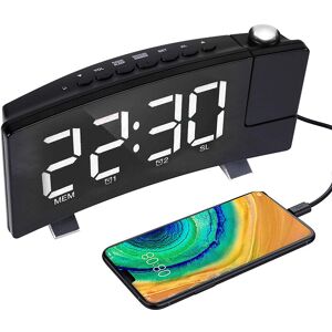 PESCE Digital Alarm Clock, Projection Alarm Clocks for Bedroom with 4 Dimmer, usb Phone Charger, 180° Rotable ProjectorBody black+White font