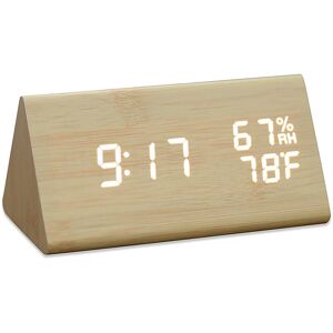 PESCE Digital Wooden Alarm Clock, with 3 Alarm Settings, Electronic led Time Display, 3 Level Brightness & Temperature, Good for Bedroom, Bedside, Desk,