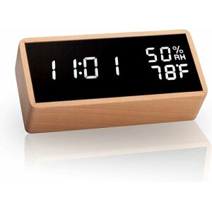 RHAFAYRE Electronic Alarm Clock, Wooden Digital Alarm Clock with 3 Alarm Settings, usb Powered Digital Clock with Time, Temperature and Humidity led Display