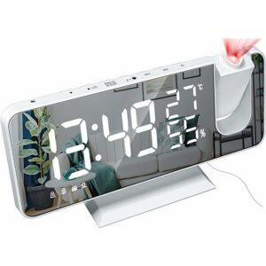 PESCE Radio Projection led Alarm Clock Large Screen Display Temperature and Humidity Electronic Clock for Bedroom Kitchen Gift - White Shell Digital White