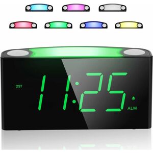 Rhafayre - Digital Alarm Clock, Large led Display & Adjustable Brightness, 7 Colorful Night Lights, Loud Alarm, Battery Backup, 2 usb Port, Snooze,