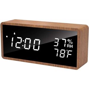 RHAFAYRE Electronic Alarm Clock, Wooden Digital Alarm Clock with 3 Alarm Settings, usb Powered Digital Clock with Time, Temperature and Humidity led Display