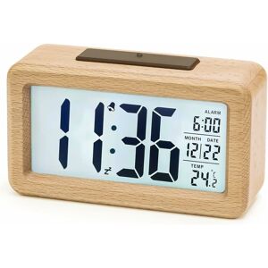 RHAFAYRE Wooden Digital Alarm Clock, aboveClock led Alarm Clock, Non-ticking Digital Clock with Date Display, Temperature, Snooze Function, Battery Powered