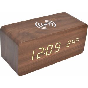 Groofoo - Wooden Digital Alarm Clock, Radio Alarm Clocks 12/24 Hours led Electronic Clock with Fast Wireless Charger Station, Automatic Temperature