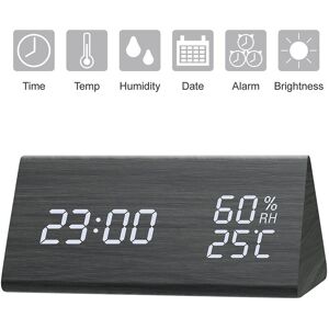 PESCE Digital Alarm Clock, Adjustable Brightness Voice Control Desk Wooden Alarm Clock, Large Display Time Temperature, Rechargeable Battery led Digital