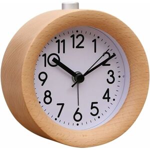 PESCE Handmade Round Wooden Alarm Clock Round Digital Alarm Clock Silent Bedside Table Beech Wood Alarm Clock with Night Light Battery Operated Analog