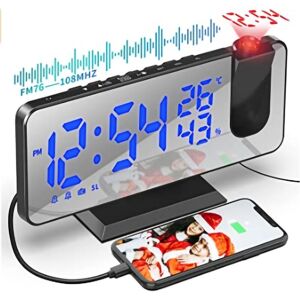 Groofoo - Projection Ceiling Alarm Clock, Ceiling Projection Alarm Clock Radio, with 7.5 Inch Mirror Screen, Temperature usb Port, Dual Alarm Clocks,