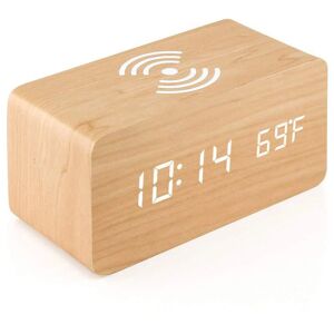 PESCE Wooden Alarm Clock with Wireless Charging Pad Compatible with iPhone Samsung Wood led Digital Clock Sound Control Function, Time Date, Temperature