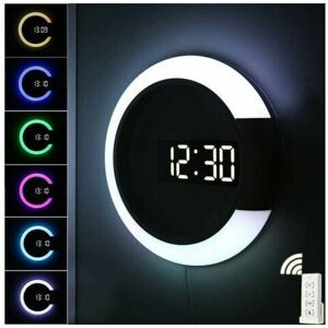 DEWDAT Led Wall Clock - Creative Digital Clock with Remote Control, Temperature Display and Alarm - 7 Changing Colors, Night Light