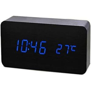 BEIJIYI Faux Wood LED Digital Alarm Clock, Sound Activated Home Office Alarm Clock with Temperature/Humidity/Calendar, Battery/USB Powered, Black/Blue BEIJIYI Faux Wood LED Digital Alarm Clock, Sound Activated Home Office Alarm Clock with Temperature/Humidity/Calendar, Battery/USB Powered, Black/Blue