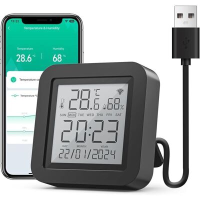 TEHTUY Smart Thermometer Hygrometer, WiFi Indoor Thermometer with Humidity Sensor and App Alerts, App Control, Thermo-hygrometer for Wine Cellars, Alexa TEHTUY Smart Thermometer Hygrometer, WiFi Indoor Thermometer with Humidity Sensor and App Alerts, App Control, Thermo-hygrometer for Wine Cellars, Alexa