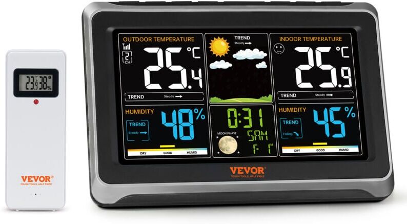 VEVOR Weather Station Indoor Outdoor, 7.5 in Color Display, Wireless Digital Home Weather Station, with Sensor Atomic Clock Adjustable Backlight Forecast