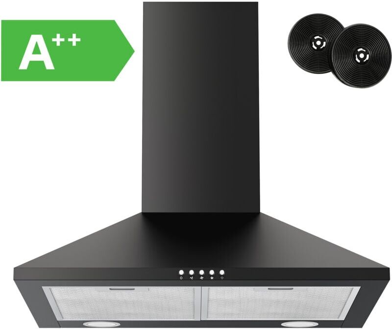 Firegas - Black 60 cm Chimney Cooker Hood with Brushless Motor, Extractor Hood with led and Recirculating & Ducting System Wall Mounted Range Hood