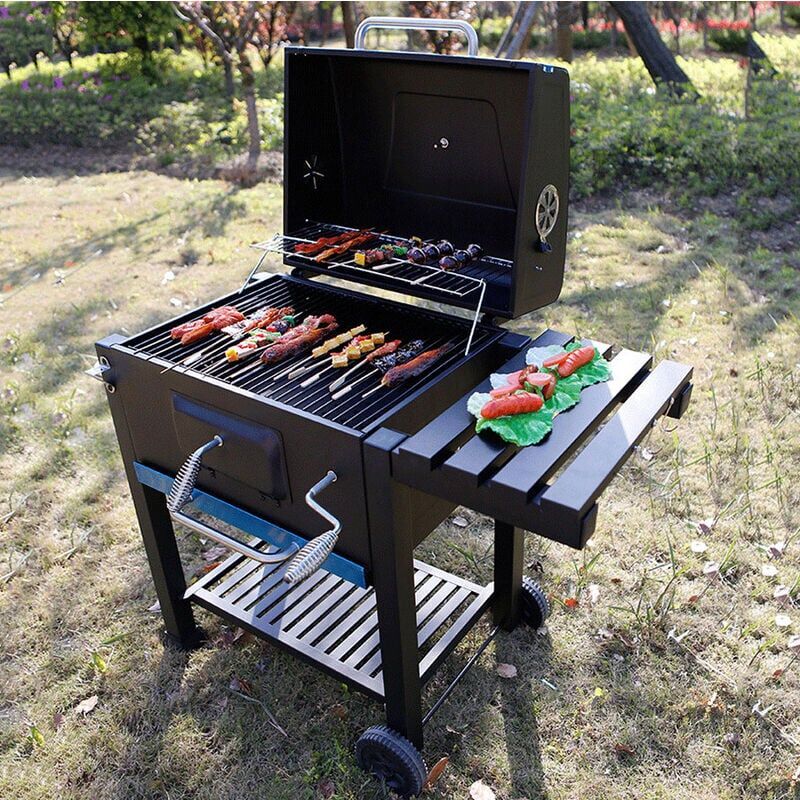 LIVINGANDHOME Outdoor bbq charcoal grill cart, barbecue with Spice Rack