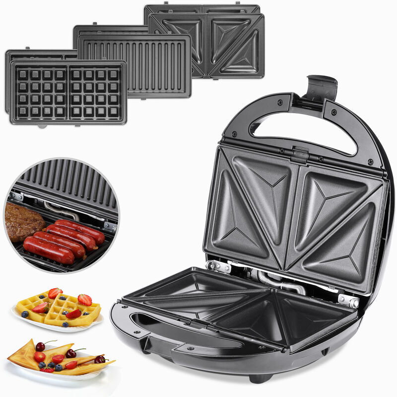 3-in-1 Sandwich Maker 800W Interchangeable Grill and Waffle Plates BPA-Free Non-Stick Coating Cool-Touch Handle Kitchen Waffle Toastie Maker - Monzana