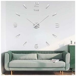 LANGRAY 3D diy Wall clock Decor Sticker Mirror Without Frame Large diy Wall Clock For House Bedroom Bedroom Silver Decoration