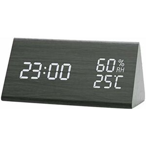 HOOPZI Alarm clock with wooden led electronic time display, double temperature and humidity detection, ideal for bedroom, children at night