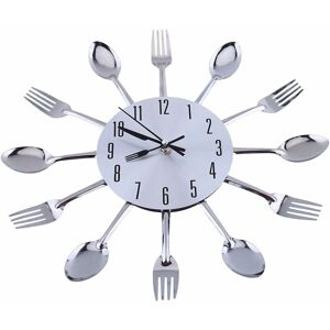 Groofoo - Creative Stainless Steel Metal Cutlery Wall Clock Fashion Kitchen Metal Silent Scan Wall Clock Silver