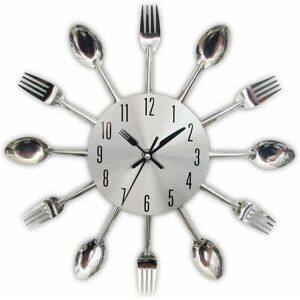 HOOPZI Kitchen utensil clock in stainless steel - Wall clock for kitchen cutlery with forks, spoons, tinted spatulas Designer kitchen clock with interior