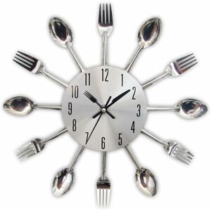 Langray - Kitchen utensil clock in stainless steel - Wall clock for kitchen cutlery with forks, spoons, tinted spatulas Designer kitchen clock with