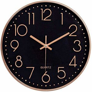 LangRay Quiet No Ticking Modern Wall Clock Quartz Round Wall Clocks for Living Room Kitchen Office (Black Dial, Rose Gold Frame, 12inch / 30cm)