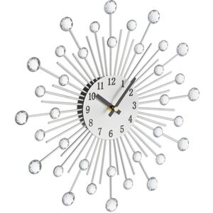 Wall Clock, Glittering Stones Design, Battery-operated, Analogue, for Living Room, Kitchen, Office, Silver - Relaxdays