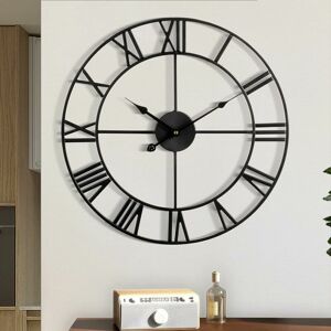 HOOPZI Wall Clock for Living Room Decor, Battery Operated 40cm (Black) Retro Roman Numerals Large Modern Round Silent Metal Wall Clock for Living Room