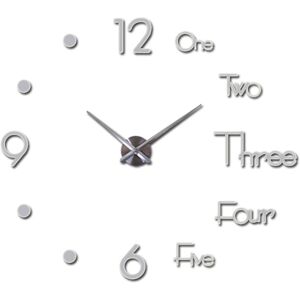 Tlily - 3D diy Wall Clock Modern Design Wall Sticker Clock Silent Home Decor Living Room Acrylic Mirror Nordic Wall Clock,Silver