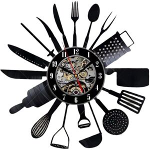 Tlily - Cutlery Vinyl Record Wall Clock Modern Design Spoon Fork Decorative Kitchen Vintage Vinyl Clock Wall Watch Home Decor
