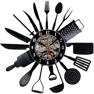 Tlily - Cutlery Vinyl Record Wall Clock Modern Design Spoon Fork Decorative Kitchen Vintage Watch Home Decor