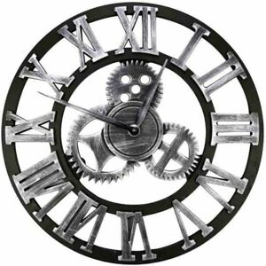 Hoopzi - Large Vintage Style Wall Clock, Round, Metal, Silent, No Ticking, Battery Operated, 45cm, Black Roman Numerals, Living Room Clocks, Bedroom,