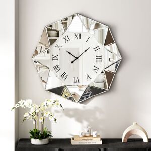 Shyfoy - 23.4in Modern Glam Geometric Mirrored Wall Clock - Faceted Diamond-Shaped Mirror Clock with Roman Numerals for Living Room, Bedroom, Home Shyfoy - 23.4in Modern Glam Geometric Mirrored Wall Clock - Faceted Diamond-Shaped Mirror Clock with Roman Numerals for Living Room, Bedroom, Home