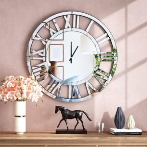 SHYFOY 23.6in Modern Glam Mirrored Wall Clock - Oversized Decorative Round Mirror Clock with Roman Numerals for Living Room, Bedroom, Home Accent SHYFOY 23.6in Modern Glam Mirrored Wall Clock - Oversized Decorative Round Mirror Clock with Roman Numerals for Living Room, Bedroom, Home Accent