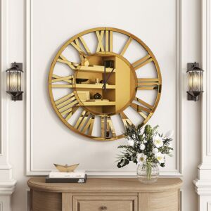 SHYFOY 31.5in Modern Glam Gold Mirrored Wall Clock - Oversized Decorative Round Mirror Clock with Roman Numerals for Living Room, Bedroom, Home Accent SHYFOY 31.5in Modern Glam Gold Mirrored Wall Clock - Oversized Decorative Round Mirror Clock with Roman Numerals for Living Room, Bedroom, Home Accent