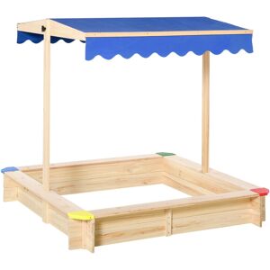 Kids Wooden Cabana Sandbox Children Outdoor Playset w/ Bench Canopy - Natural, Blue - Outsunny