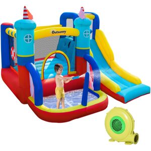 Kids Bouncy Castle with Slide Pool Trampoline Climbing Wall w/ Blower - Multi-colored - Outsunny