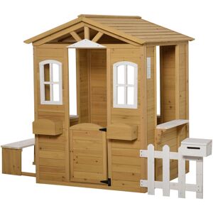 Wooden Outdoor Playhouse w/ Door Windows Bench for Kids Children - Natural and White - Outsunny