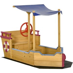 Kids Wooden Sand Pit Sandbox Pirate Sandboat Outdoor w/ Canopy Shade - Orange - Outsunny