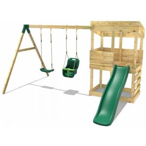 Rebo Wooden Lookout Tower Playhouse with 6ft Slide & Swings - Redwood