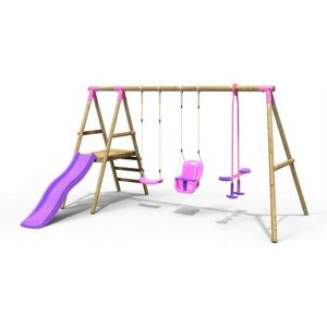 Rebo - Voyager Wooden Garden Swing Set with Standard Seat, Baby Seat, Glider, Platform and Slide - Pink