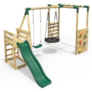 Wooden Children's Swing Set with Monkey Bars plus Deck & 6ft Slide - Double Swing - Satellite Green - Rebo