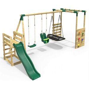 Rebo Wooden Children's Swing Set with Monkey Bars plus Deck & 6ft Slide - Triple Swing - Halley Green