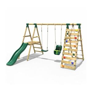 Rebo - Wooden Swing Set with Deck and Slide plus Up and Over Climbing Wall - Moonstone Green