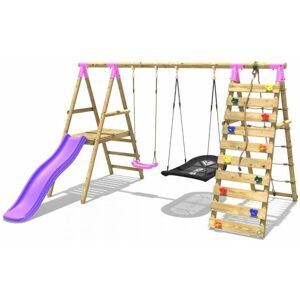 Wooden Swing Set with Deck and Slide plus Up and Over Climbing Wall - Quartz Pink - Rebo