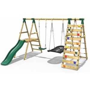 Wooden Swing Set with Deck and Slide plus Up and Over Climbing Wall - Quartz Green - Rebo