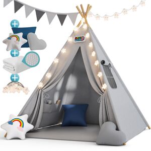 Children's Teepee Tent Fairy Lights Kid's 2.5cm Floor Play Mat 3 Pillows Cotton Carry Bag Tipi Playhouse Indoor 120x120x160cm Wigwam Blue - Spielwerk
