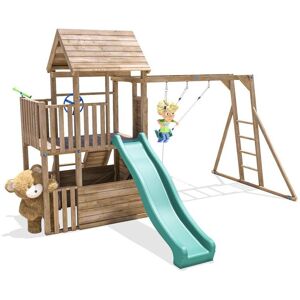 DUNSTER HOUSE LTD. Wooden Climbing Frame Double Swing Set Green Slide Childrens Monkey Bars Play Tower BalconyFort