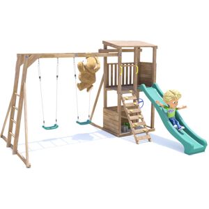 Dunster House Ltd. - Wooden Climbing Frame Double Swing Set Green Slide Childrens Monkey Bars SquirrelFort