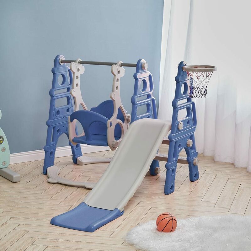 LIVINGANDHOME Kids Swing Slide and Basketball Hoop 3 in 1 Play Game Center,Blue