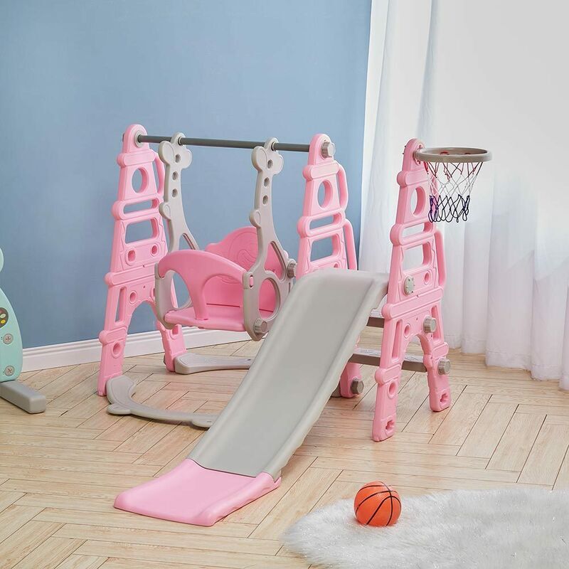 LIVINGANDHOME Kids Swing Slide and Basketball Hoop 3 in 1 Play Game Center,Pink